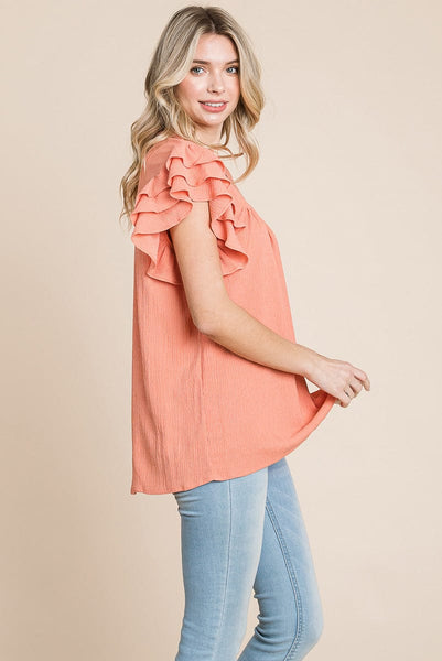 V neck Ruffle Sleeve Textured Shirts Blouses