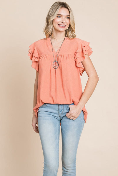 V neck Ruffle Sleeve Textured Shirts Blouses