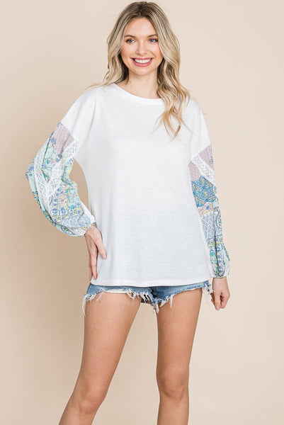 Contrasting Blossom Sleeve Waffle Knit Tops