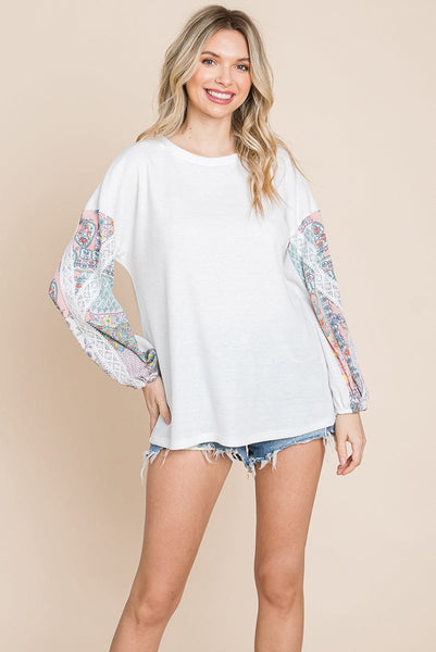 Contrasting Blossom Sleeve Waffle Knit Tops