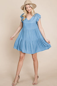 Chambray Pleated Tiered ruffle Sleeve Dress