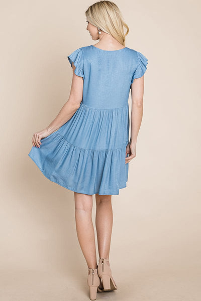 Chambray Pleated Tiered ruffle Sleeve Dress