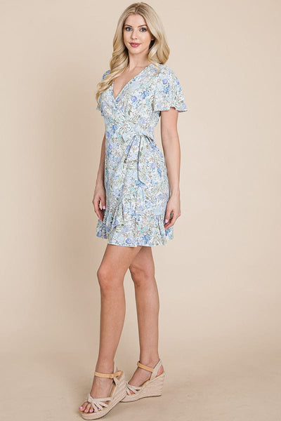 Floral Ruffled Asymmetrical Hem Wrap Dress