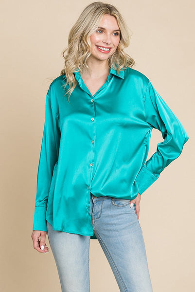 Collared Satin Button Down Blouse Shirts