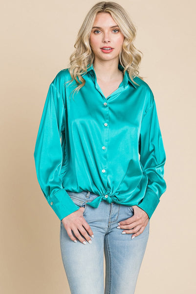 Collared Satin Button Down Blouse Shirts