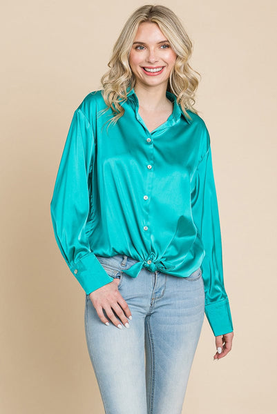 Collared Satin Button Down Blouse Shirts