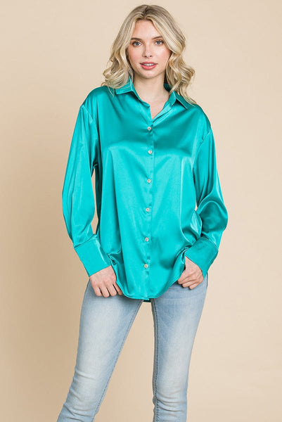 Collared Satin Button Down Blouse Shirts