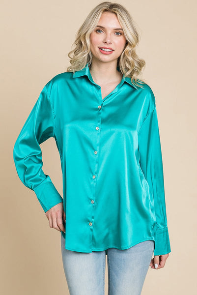 Collared Satin Button Down Blouse Shirts