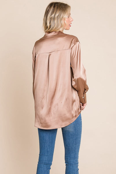 Collared Satin Button Down Blouse Shirts