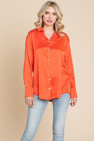 Collared Satin Button Down Blouse Shirts