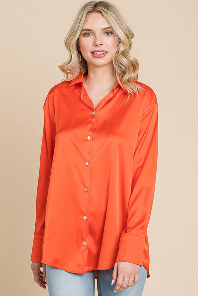 Collared Satin Button Down Blouse Shirts