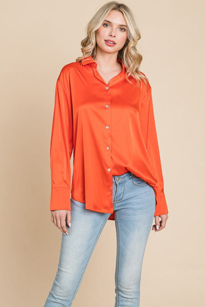 Collared Satin Button Down Blouse Shirts