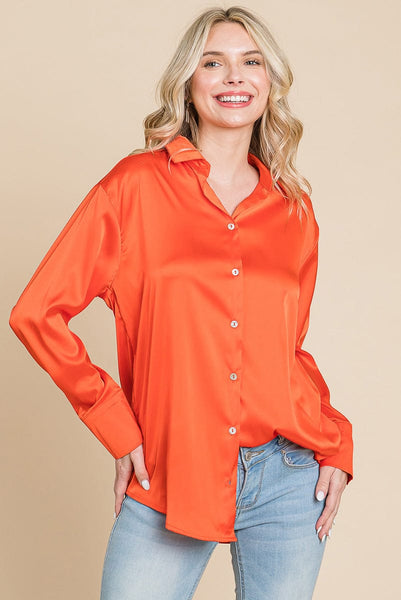 Collared Satin Button Down Blouse Shirts