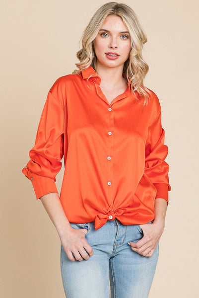 Collared Satin Button Down Blouse Shirts