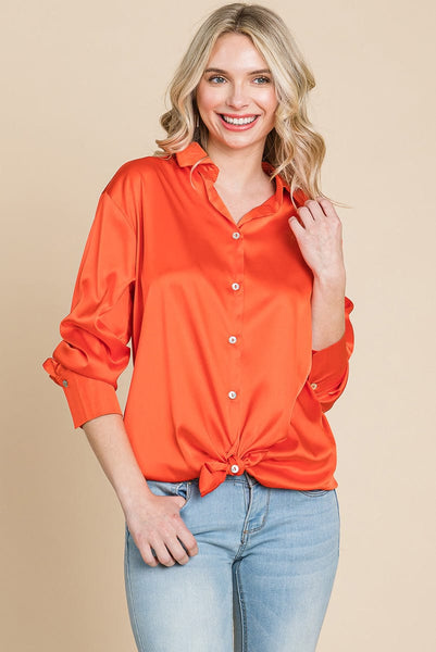 Collared Satin Button Down Blouse Shirts