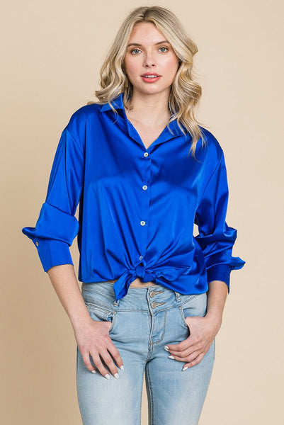 Collared Satin Button Down Blouse Shirts