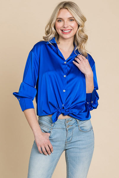 Collared Satin Button Down Blouse Shirts