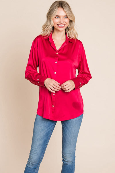 Collared Satin Button Down Blouse Shirts