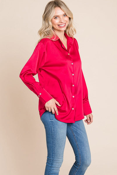 Collared Satin Button Down Blouse Shirts