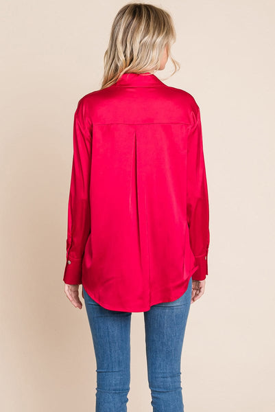 Collared Satin Button Down Blouse Shirts