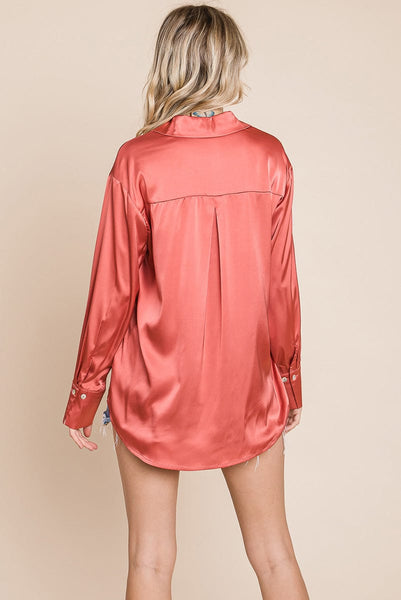 Collared Satin Button Down Blouse Shirts