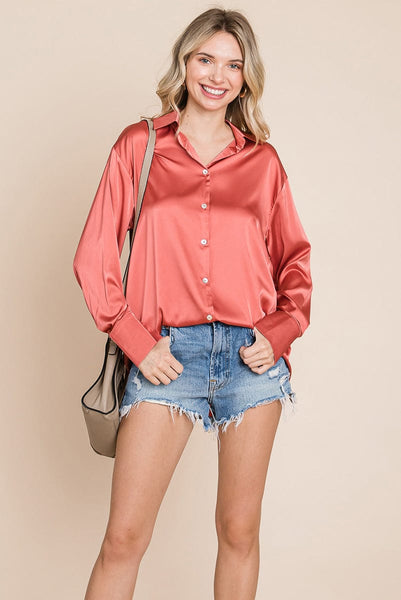 Collared Satin Button Down Blouse Shirts