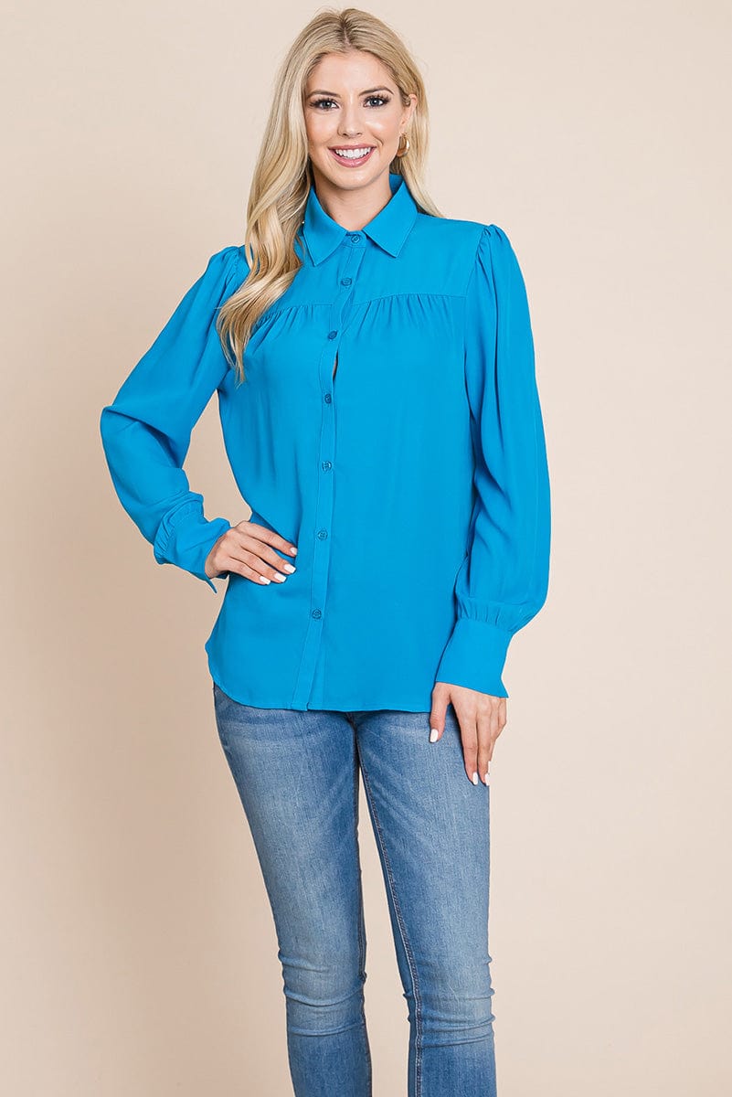 Collared Long Sleeve Pleated Detail Blouse Tops