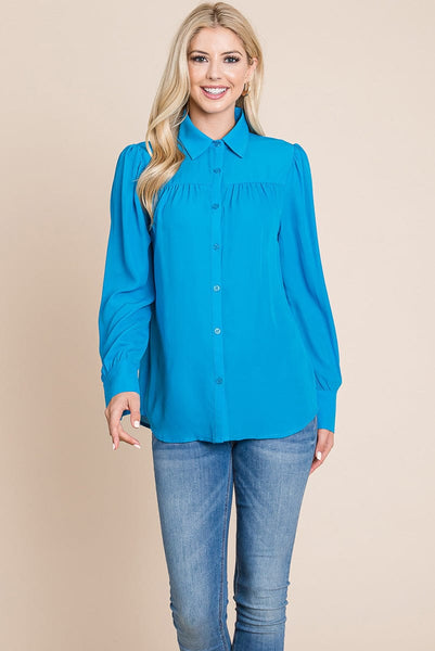 Collared Long Sleeve Pleated Detail Blouse Tops