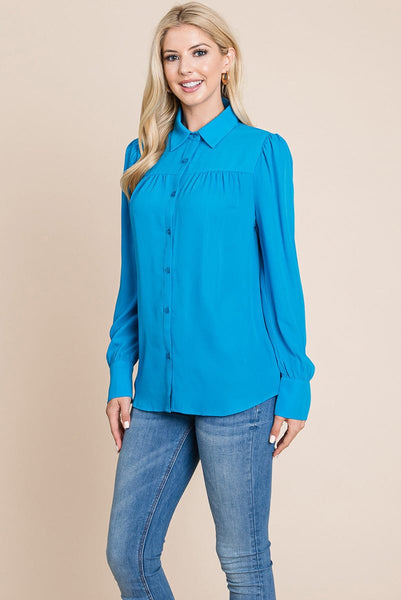 Collared Long Sleeve Pleated Detail Blouse Tops