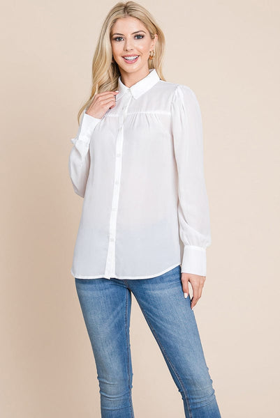 Collared Long Sleeve Pleated Detail Blouse Tops