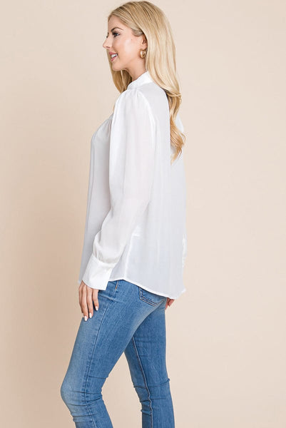 Collared Long Sleeve Pleated Detail Blouse Tops