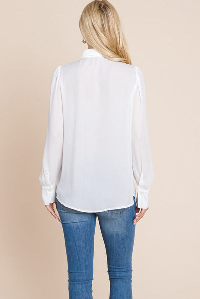 Collared Long Sleeve Pleated Detail Blouse Tops