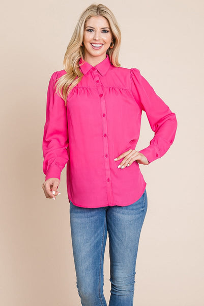 Collared Long Sleeve Pleated Detail Blouse Tops