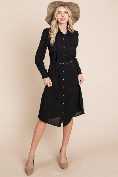 Pintucked Front Button Down Shirtdress with Belt