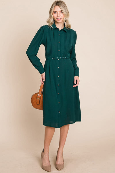 Pintucked Front Button Down Shirtdress with Belt