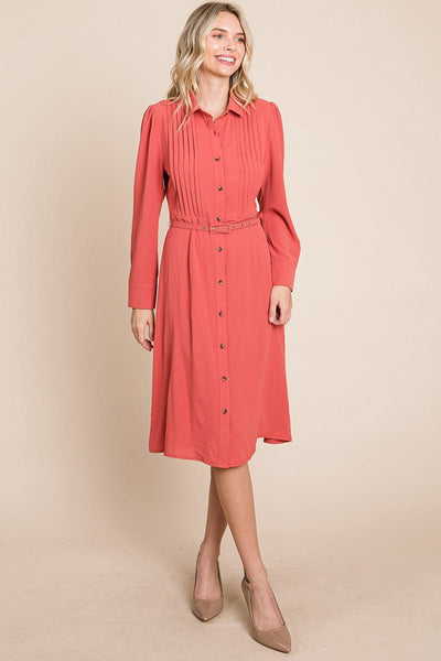 Pintucked Front Button Down Shirtdress with Belt