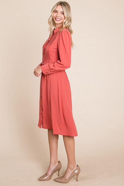 Pintucked Front Button Down Shirtdress with Belt