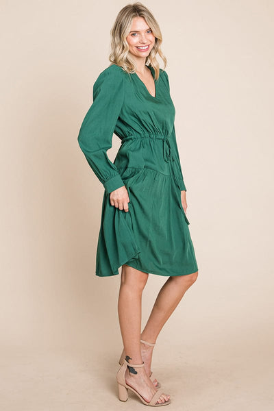 Long Sleeve Tiered Waist String Ruched Dress