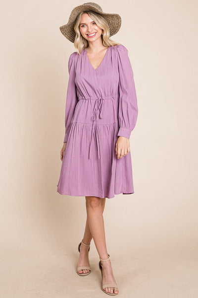 Long Sleeve Tiered Waist String Ruched Dress