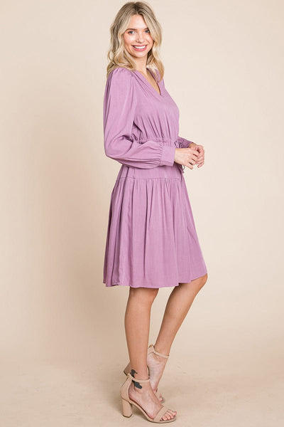 Long Sleeve Tiered Waist String Ruched Dress