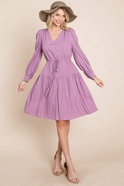 Long Sleeve Tiered Waist String Ruched Dress