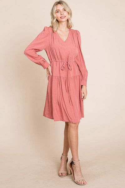 Long Sleeve Tiered Waist String Ruched Dress