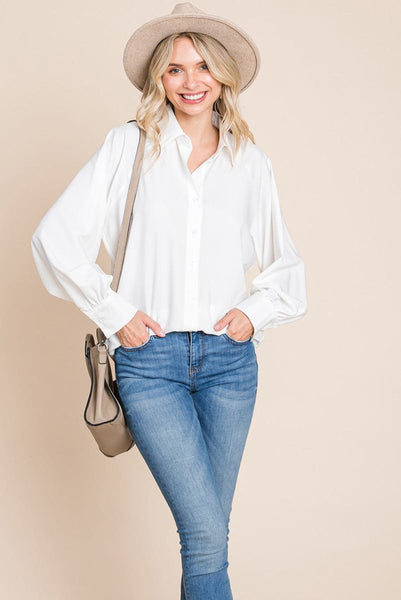 Collared Long Sleeve Button up Silky Shirts Blouse