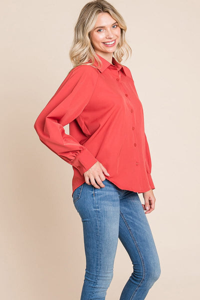 Collared Long Sleeve Button up Silky Shirts Blouse