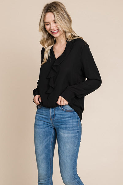 Ruffled V neck Long Sleeve Blouse Tops