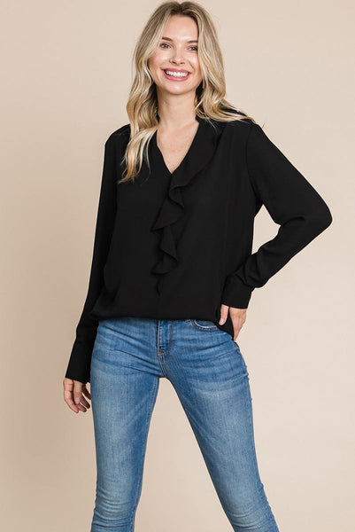 Ruffled V neck Long Sleeve Blouse Tops