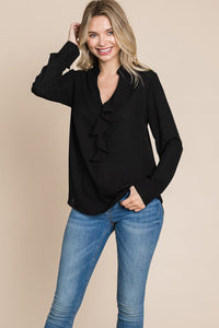 Ruffled V neck Long Sleeve Blouse Tops