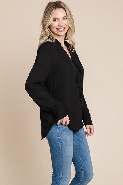 Ruffled V neck Long Sleeve Blouse Tops