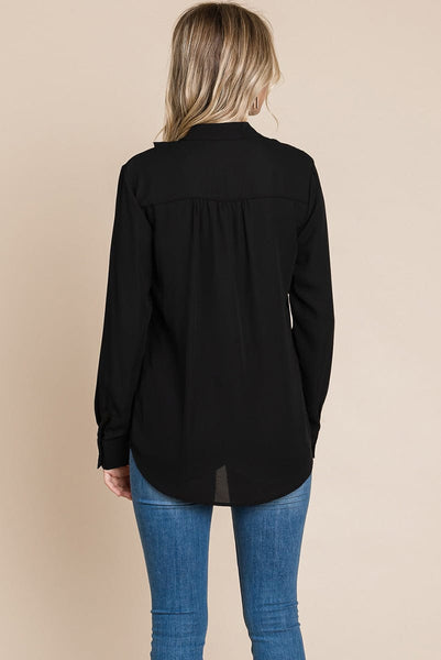 Ruffled V neck Long Sleeve Blouse Tops