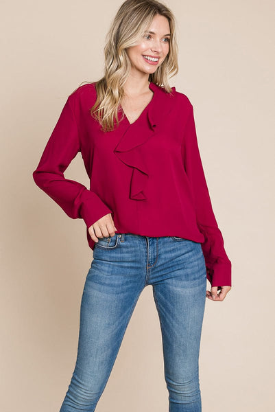 Ruffled V neck Long Sleeve Blouse Tops